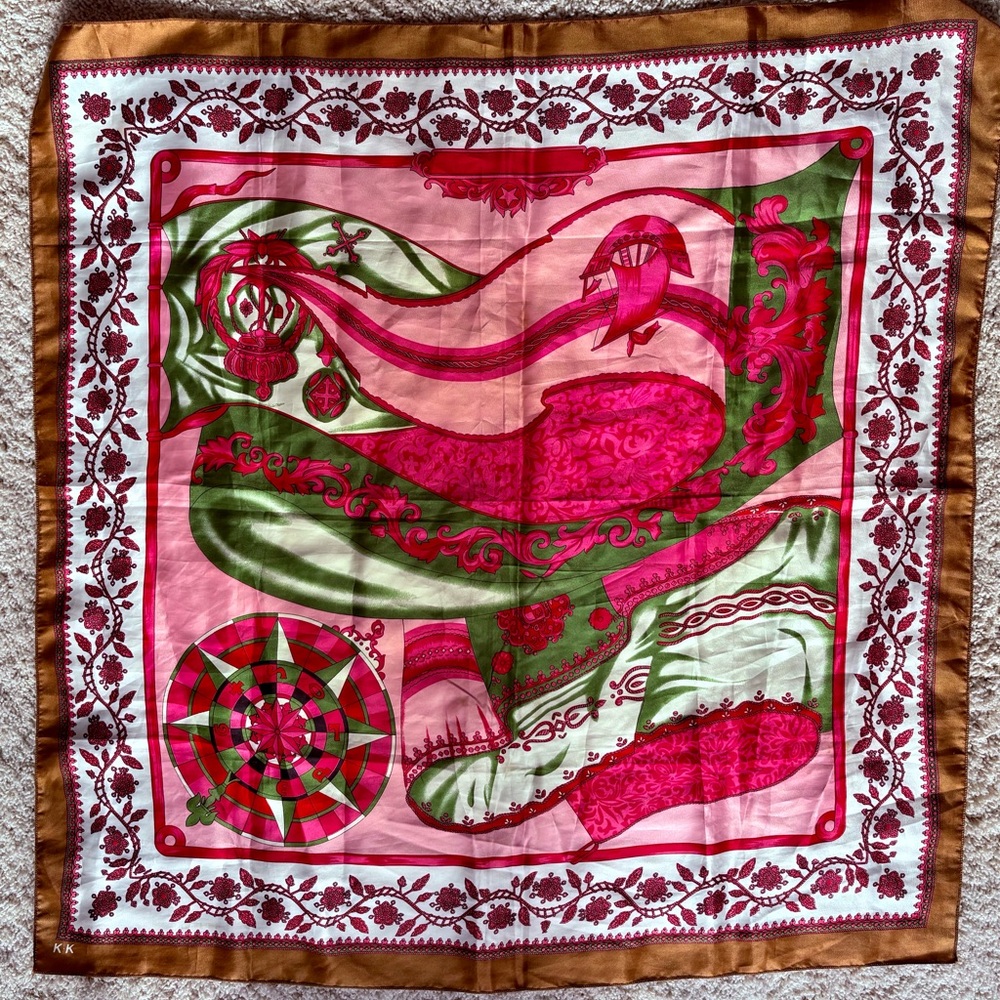 Gorgeous Hermes Vibes Scarf Pink 💕💚💛 Green Gold Nautical Large 42”